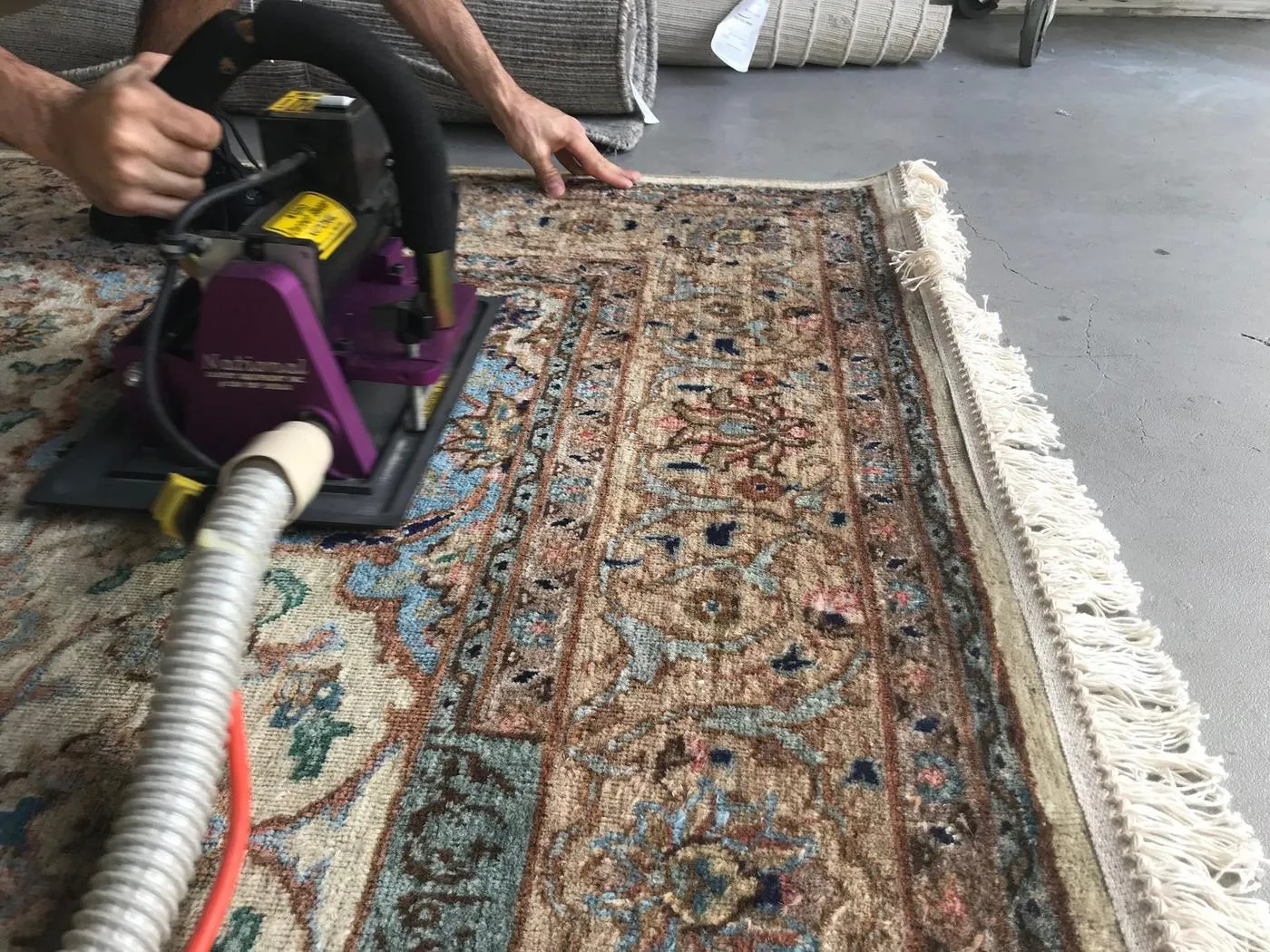 Rug fed through the dusting machine to beat out dry grit before washing